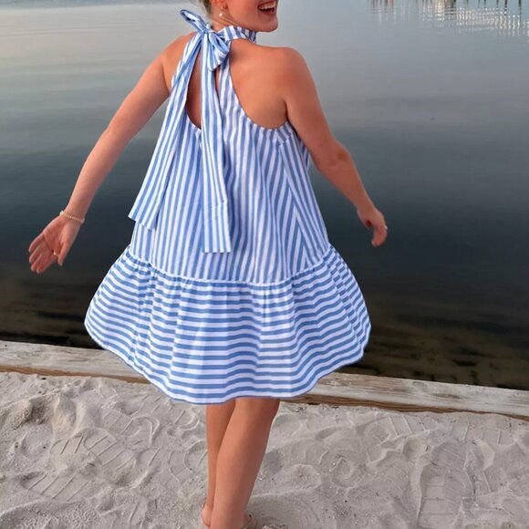 NWT STAUD Marlowe Mini Dress Adriatic Stripe Blue White Cotton Bow Small - Picture 5 of 11